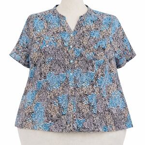 MAGGIE BARNES TEAL AND BROWN SHORT SLEEVE ROLL TAB BUTTON UP BLOUSE PLUS SIZE 5X